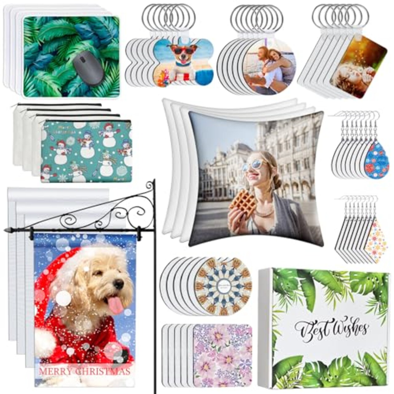 114Pcs Sublimation Blanks Products, Sublimation Blanks Set Including DIY Blank  Makeup Bag, Keychain, Earring, Pillow Cover, Mouse Pad, Coaster Garden Flag  for Sublimation Heat Transfer Christmas Craft